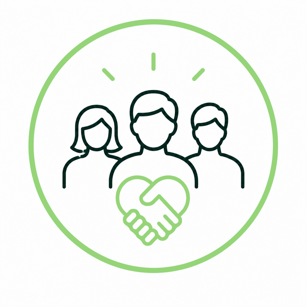 Three people with a heart-shaped handshake in front, inside a green circular badge signifying teamwork and support.