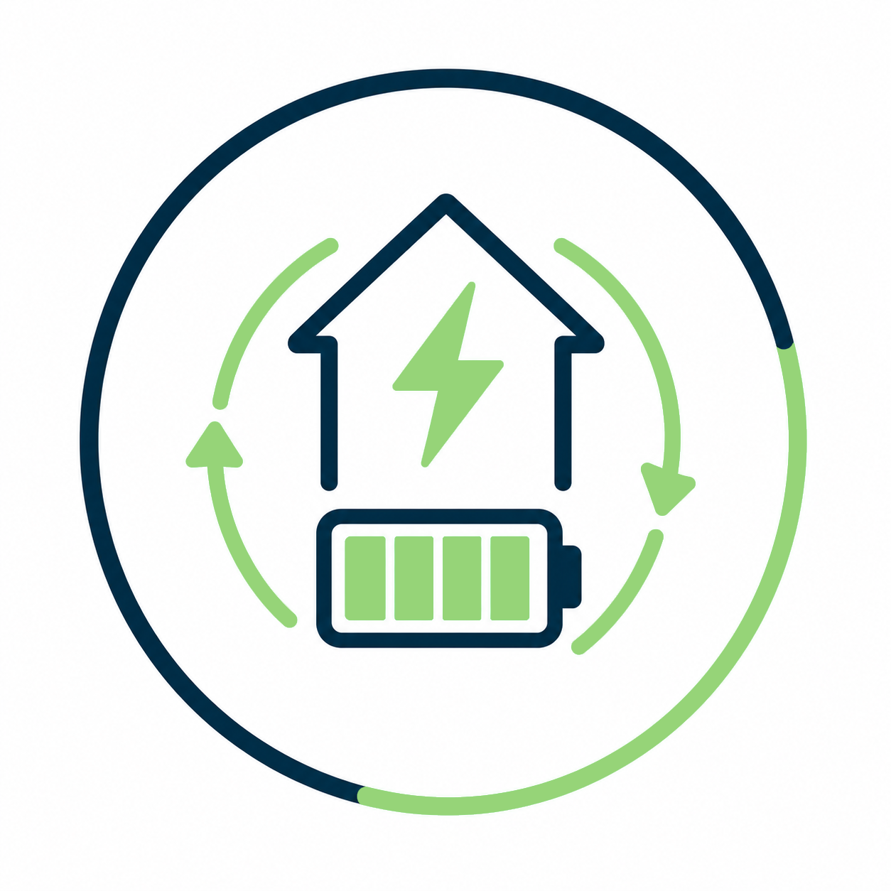 House with a battery and green circular arrows around it, representing home energy storage or backup power