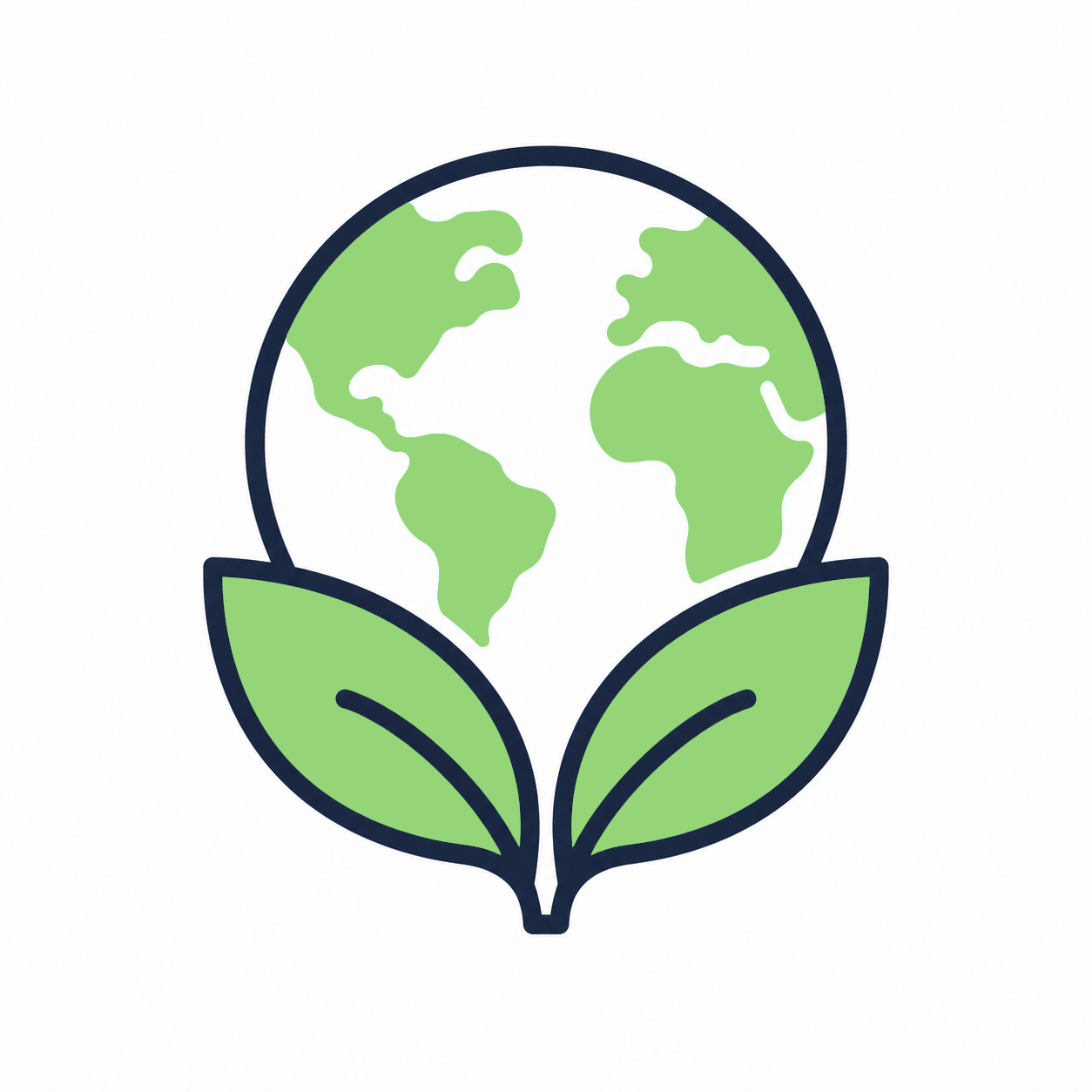 Earth globe with green continents and two leafy sprouts at the bottom, symbolizing environmental sustainability.