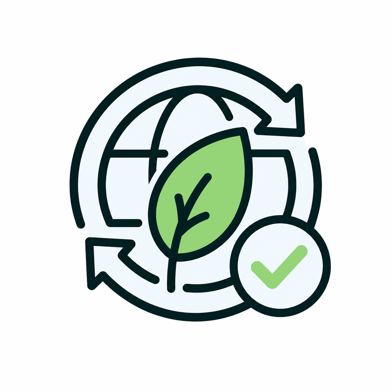 Eco-friendly concept icon: a green leaf inside circular arrows with a green checkmark, symbolizing sustainability.