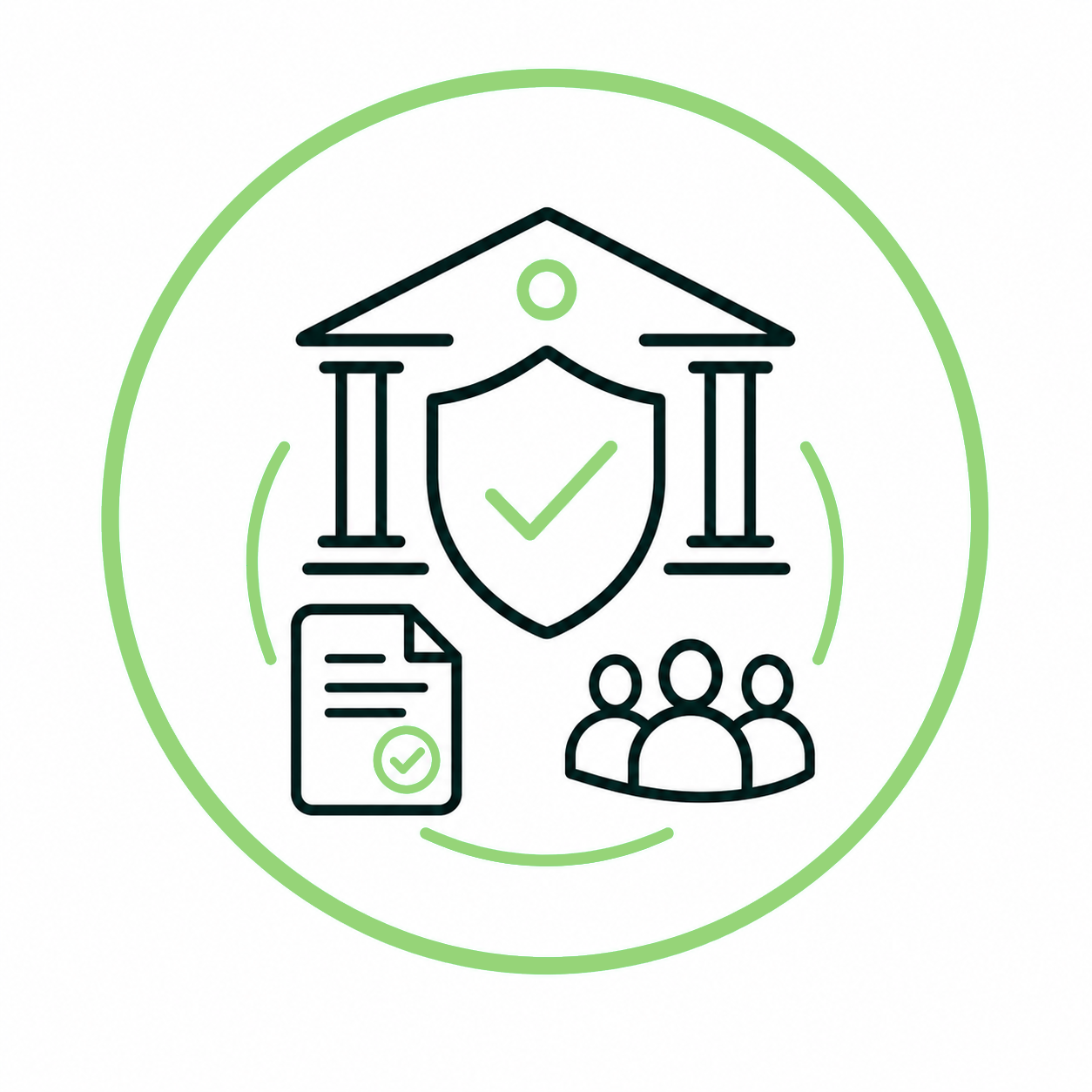 Security and compliance symbol: shield with checkmark, toward a building with pillars, a checklist document, and a group of people, all within a green circular frame