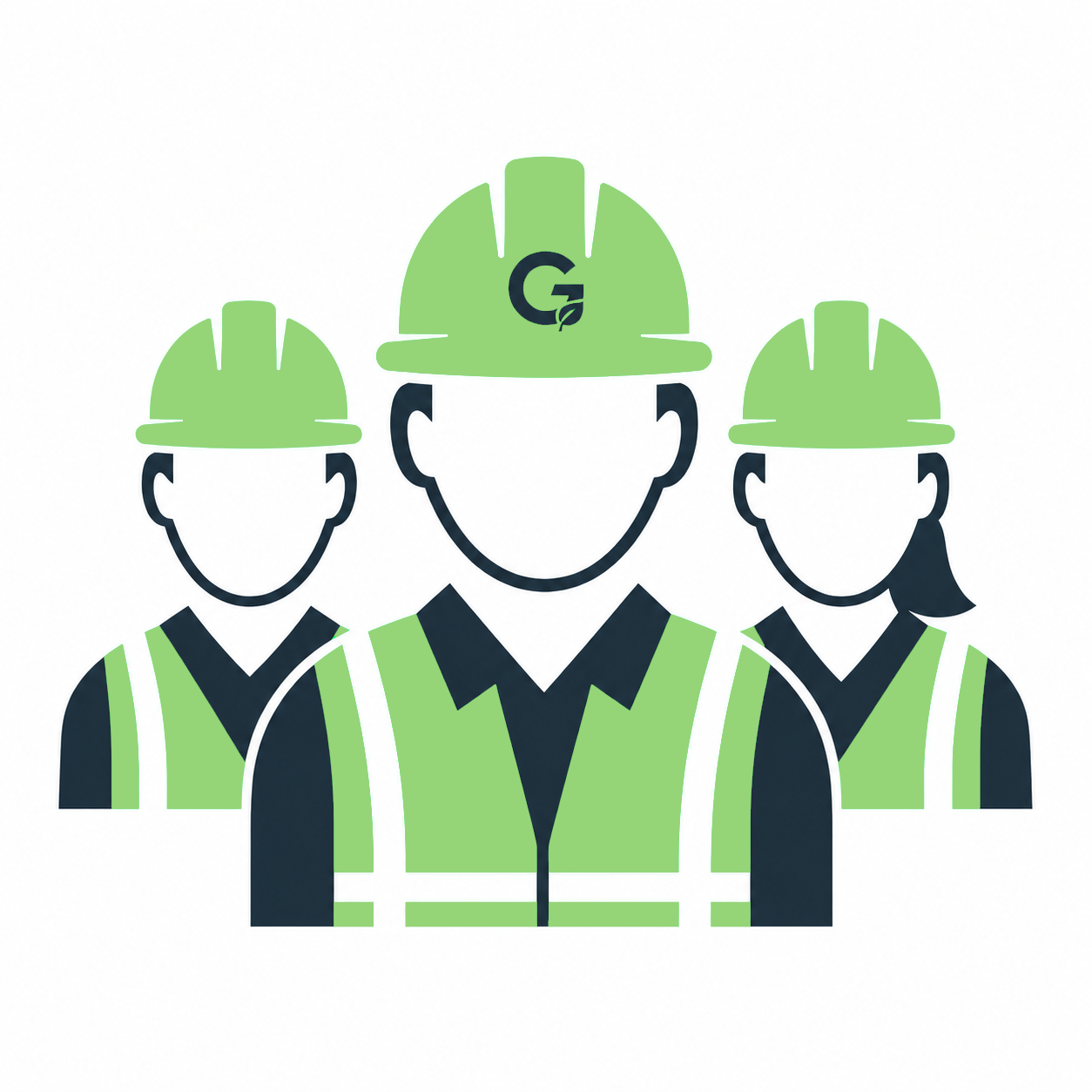 Three construction workers wearing green hard hats and high-visibility vests, standing together with safety-focused pose.