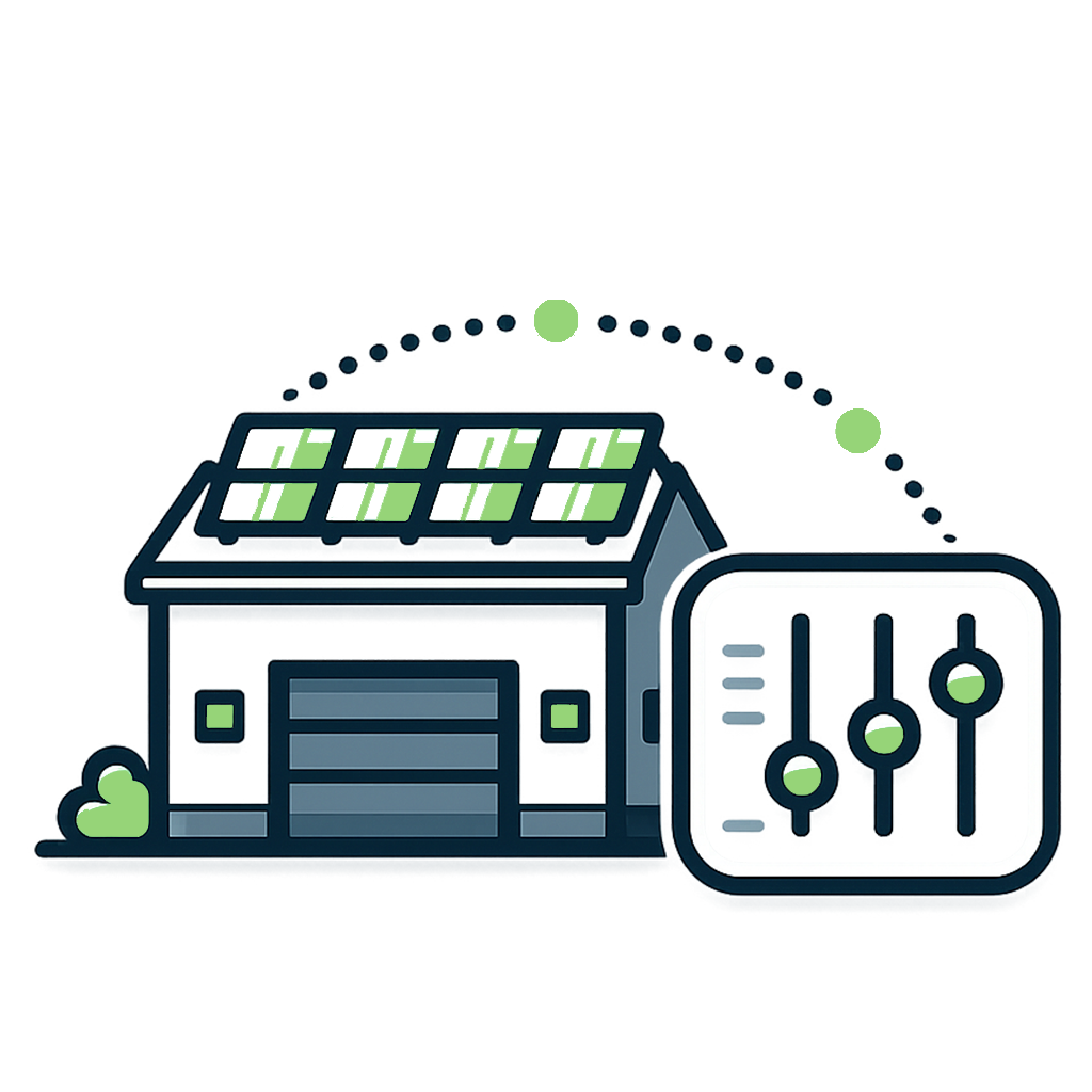 House with solar panels and a nearby energy control panel representing home solar energy management.