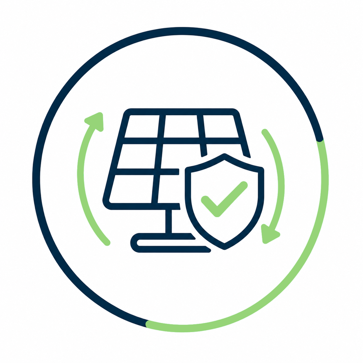 Shielded solar panel icon with a green checkmark, symbolizing secure solar energy systems.