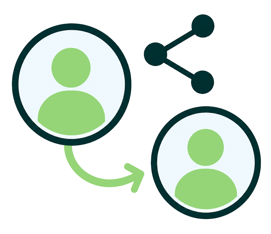 Two user avatars connected by a network line, indicating sharing or transferring a contact profile on a green background