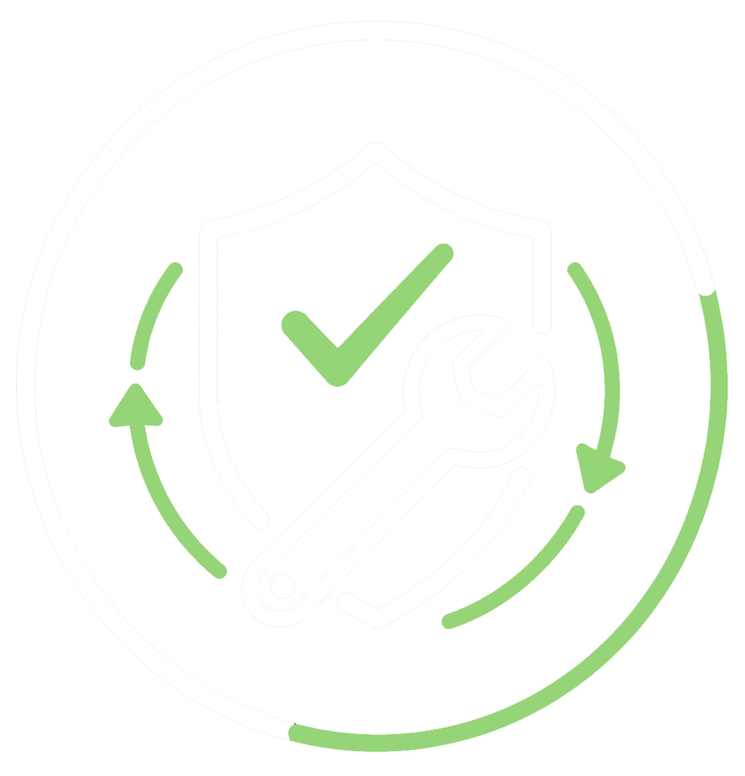 Shield icon with a green checkmark and a wrench, surrounded by circular green arrows—symbol for maintenance and security.